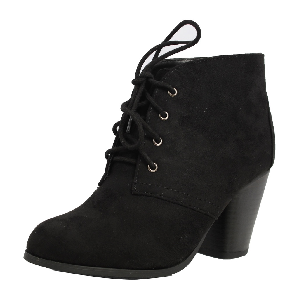 Size 8.5 Black Faux Suede Lace Up Stacked Heel - Picture 2 of 8